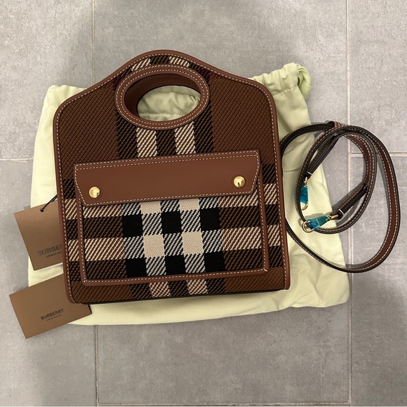 BURBERRY Mini Pocket Bag Knitted Check and Leather- Dark Birch Brown - Picture 5 of 11